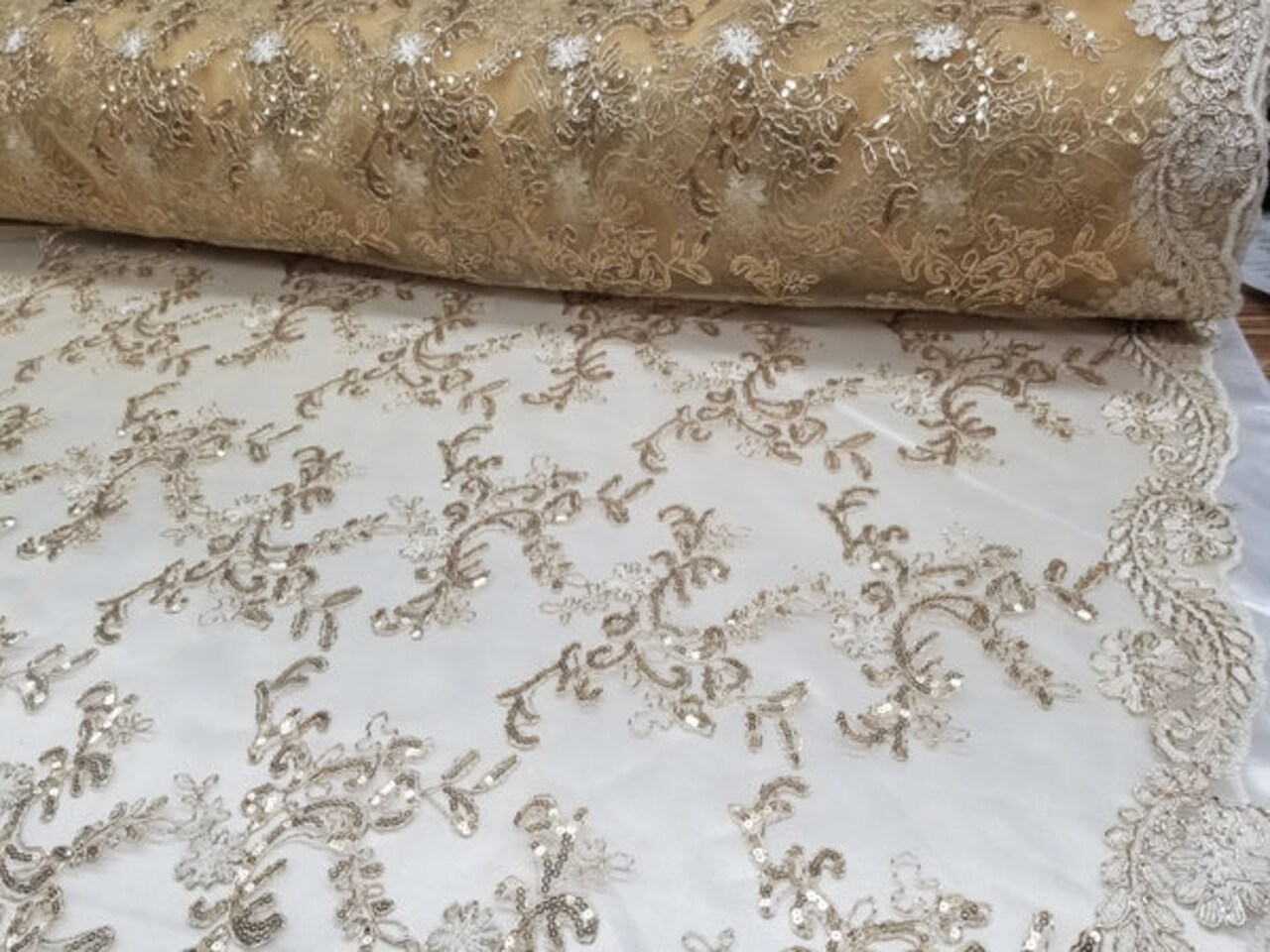 1 Yard Gold Metallic Flowers Sequins Mesh Lace Fabric for Tablecloths and Costumes